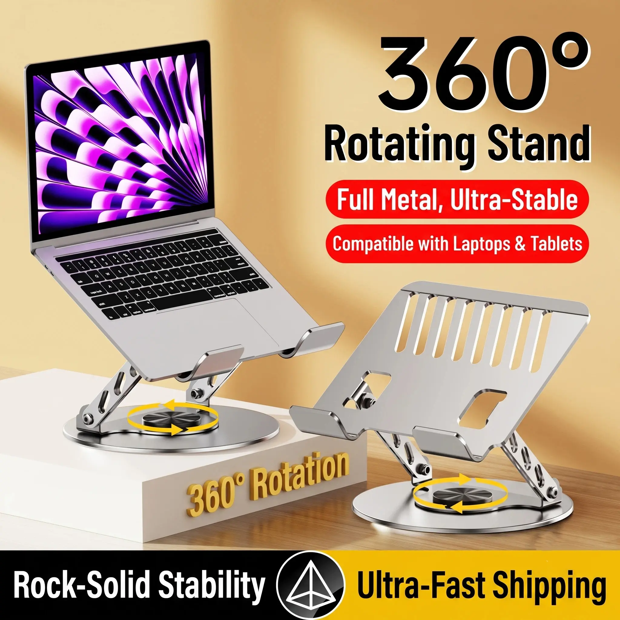 360° Rotating Laptop Stand for Desk, Forged Carbon Steel Heavy Duty Laptop Riser, Ergonomic Height Adjustable Computer Holder Non-Wobble Heat Dissipation for MacBook Air Pro iPad 10-17.3"