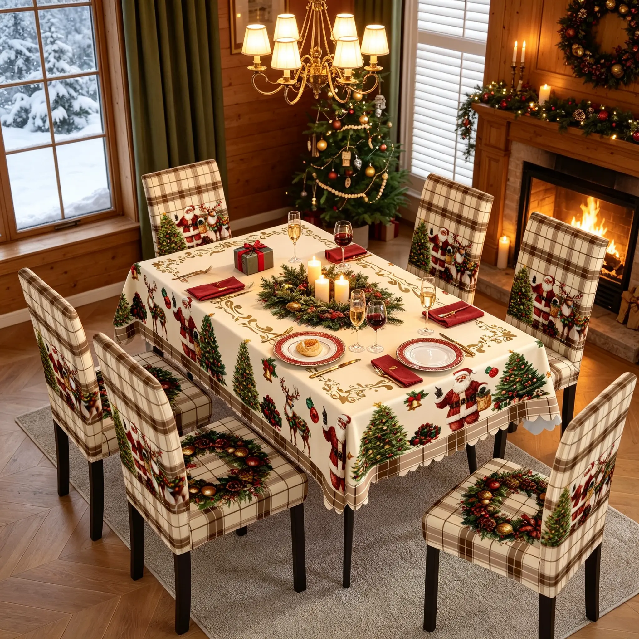 Vintage Plaid Santa Christmas Tablecloth and Dining Chair Covers Set, Santa Tree Reindeer Print Table Cloth & Stretch Chair Slipcovers, Holiday Dining Room Decor for Christmas Party