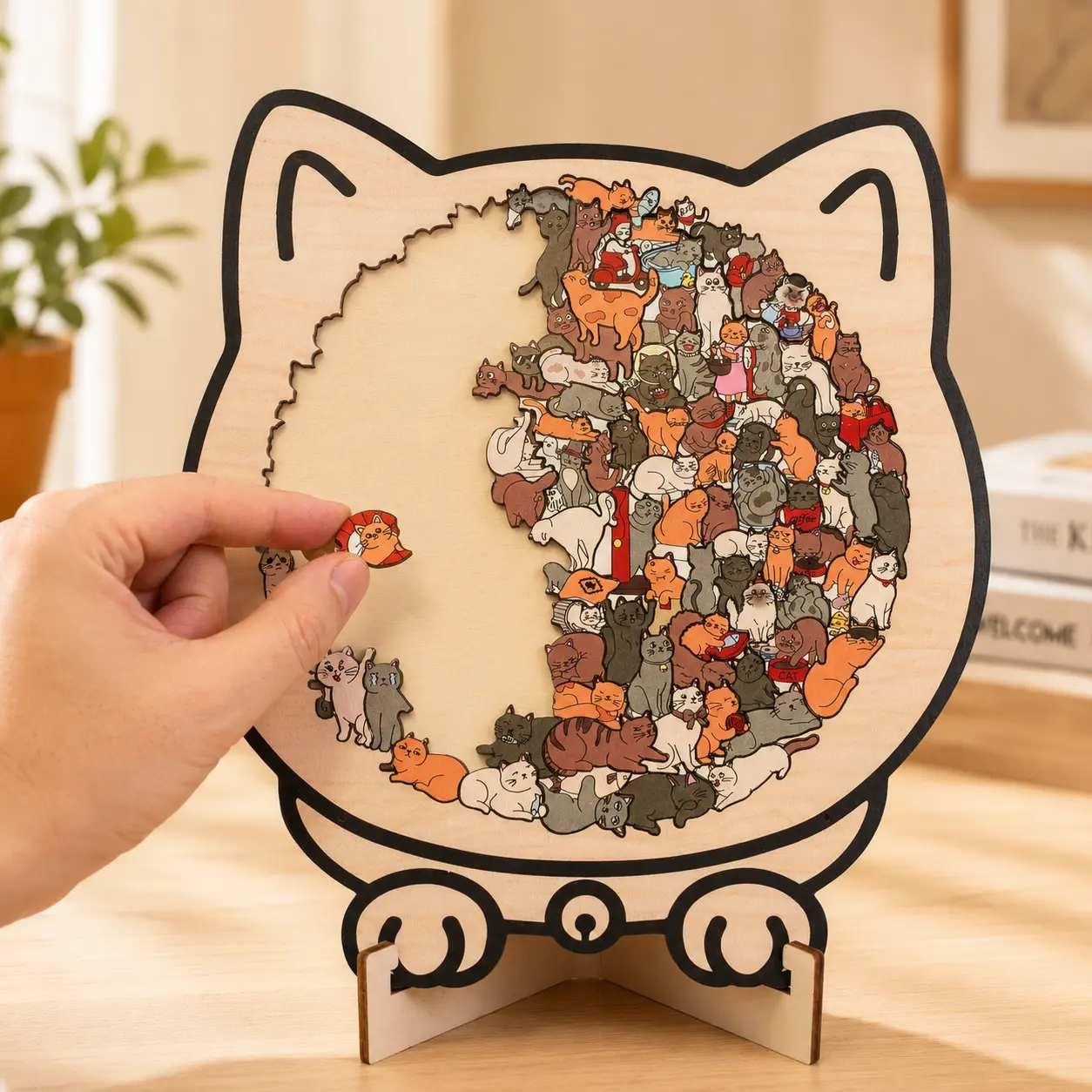 135-Piece Cat-Shaped Wooden Handmade Art Puzzle Kit, Unisex Table Mount Home Decor Ornament, Satisfying Challenge DIY Craft, Art Puzzles Gift for Cat Lovers