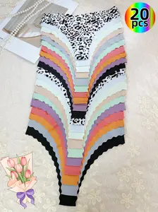 H    20-piece set. Mix of leopard print & solids. One-piece, ultra-thin, seamless panties with wavy edges. Low-rise, quick-dry, breathable. Great for dates, indoor/outdoor, vacations. Pairs well with lingerie. Womenswear thong panties