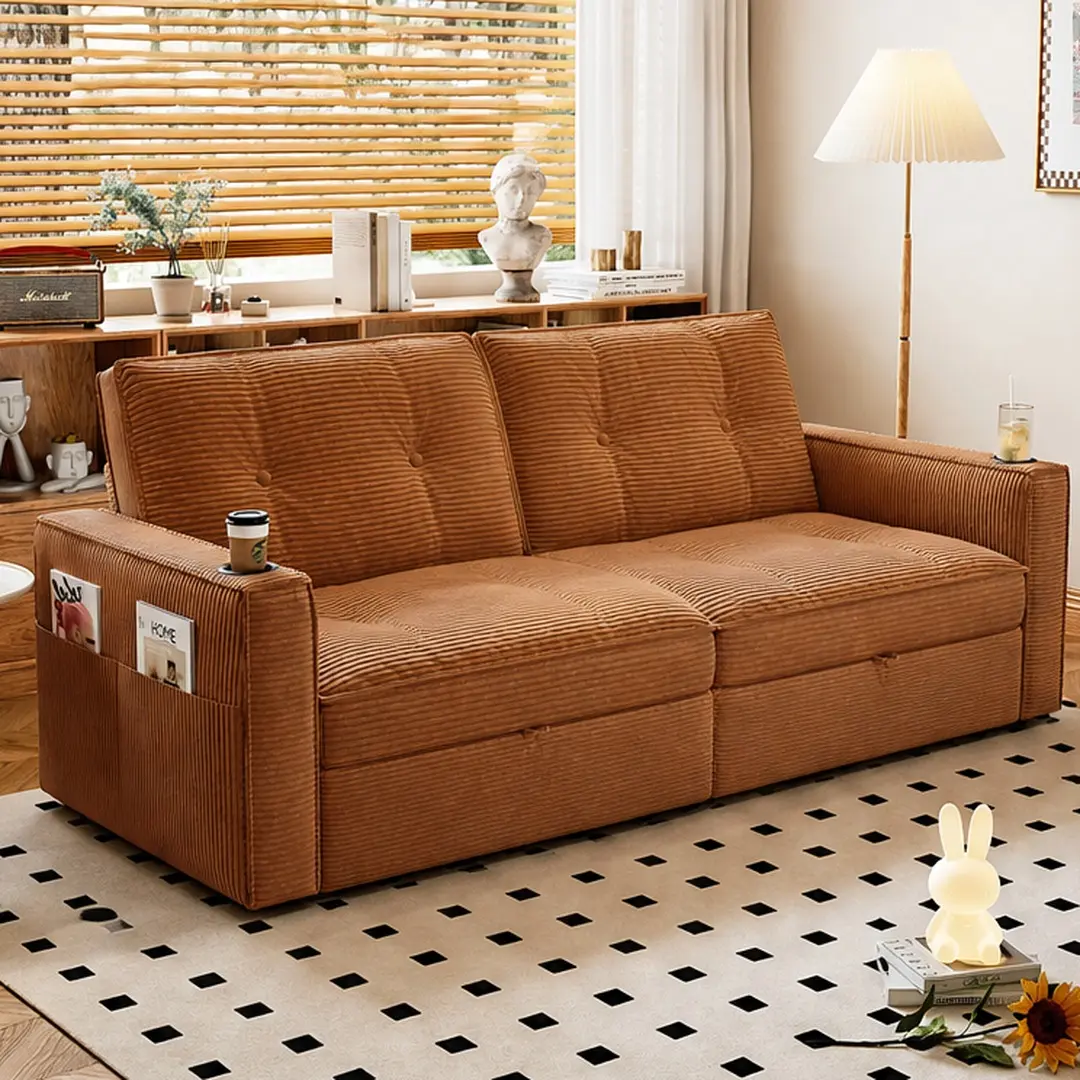 ARCH Convertible Sofa Bed 2-in-1 Multi-Functional Corduroy Couch with Memory Foam, Pull Out Sleeper for Living Room, Apartment, Dorm, Guest Bed, Orange, 73.2"D x 32.2"W x 36.6"H, Multiple Color Options, Corduroy/Green/Grey/Memory Foam Color Options