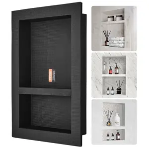16"x24" Tile-Ready Wall-Inserted Recessed Shower Niche, Double-Shelf Organizer with Square Corners, Grid Surface, Easy-Install Kit, Mortar Bond, Triple Seal Protection for Modern Bathroom Soap Storage, Black