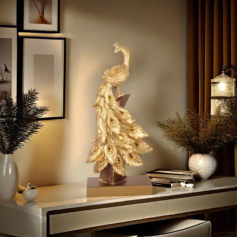 1pc Chic Golden Luxury Resin Peacock Statue - No-Electricity Home Decor, Religious Ornament, Fake Flower Bouquet Craft, Space-Saving Versatile Accent for Desktop, Laundry Room Piggy Bank, Indoor Decor