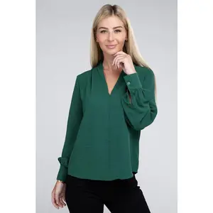 ZENANA Woven Airflow V-Neck Long Sleeve Top