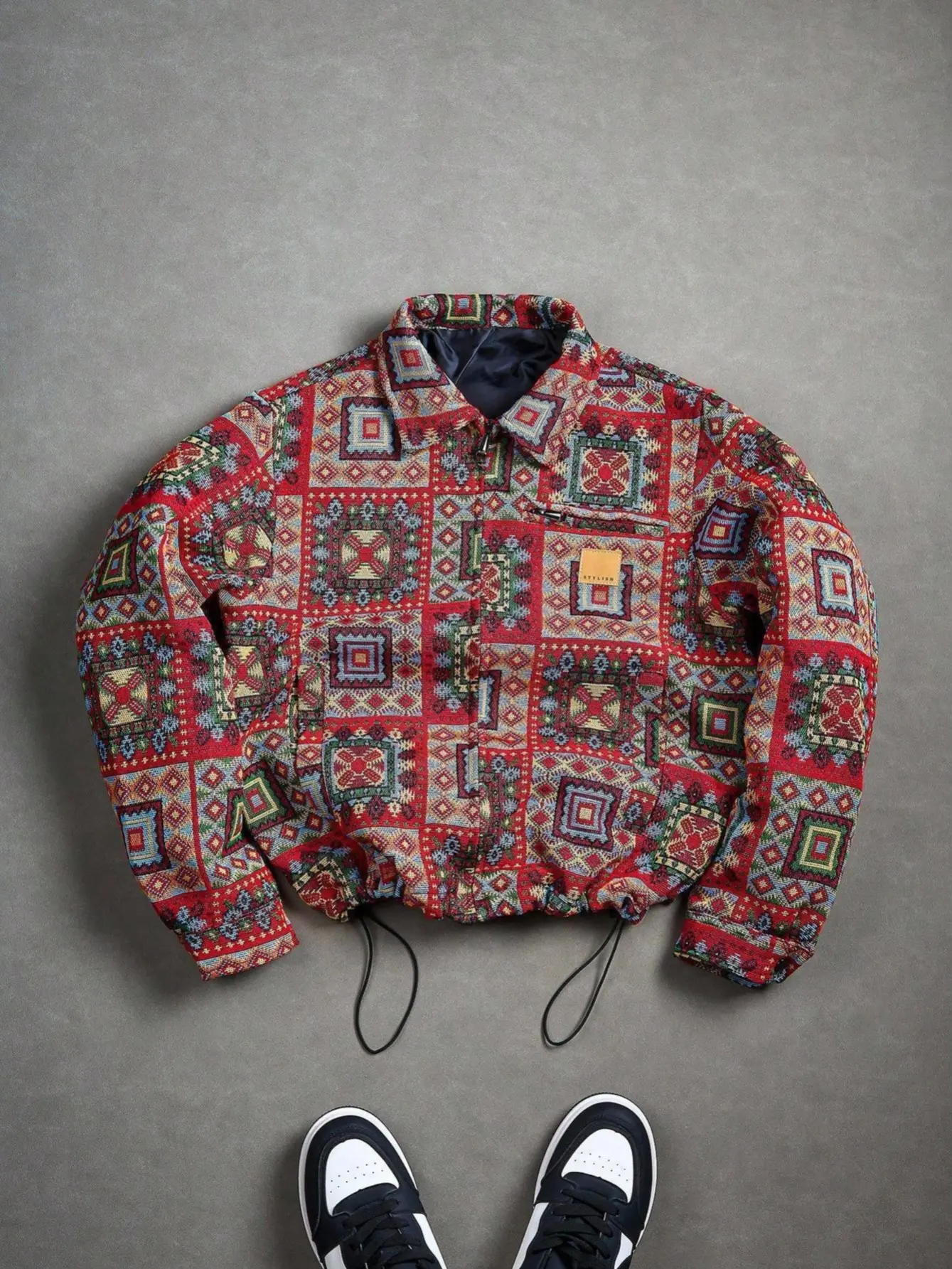 Bohemian Ethnic Geometric Coach Jacket | Vibrant Red Tapestry Zip-Up
