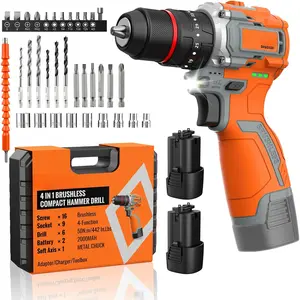 50N.m Brushless Cordless Drill, 4-Function Electric Drill with 36 count Accessories, Keyless Metal Chuck, 35 Torque Adjustment, 2 count , 2 Speed, , Wrench, Impact  For Housework