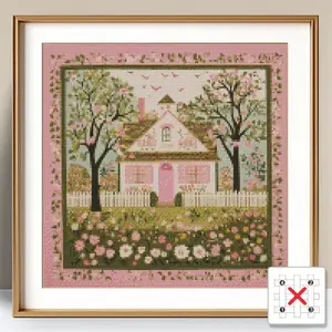 Scenery House Flower Pattern DIY Cross Stitch Kit without Frame, DIY Cross Stitch Embroidery Kit, Wall Decoration Supplies for Home Living Room Bedroom