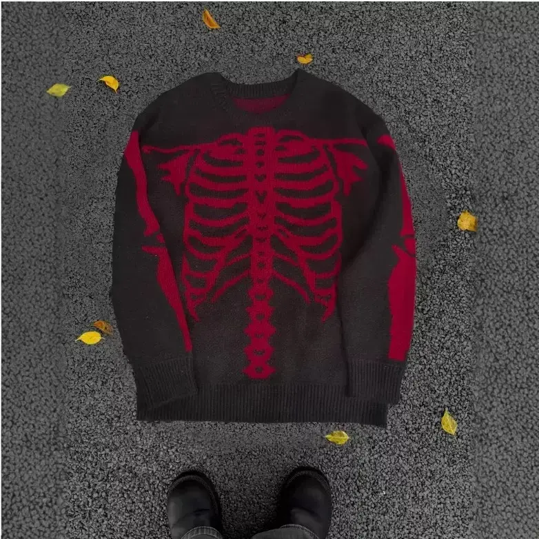 2026 New Oversized Skeleton Print Ribcage Motif Knit Sweater, Unisex Crew Neck Long Sleeve Gothic Streetwear Pullover, Men's Casual Tops