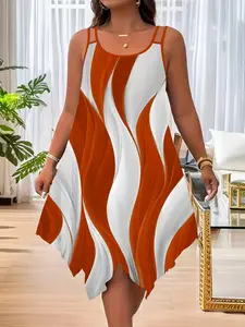 Women's Elegant Chic Asymmetric Hem Double Strap Dress, Round Neck, Random Print Design, Casual Party Wear, Fitted Style