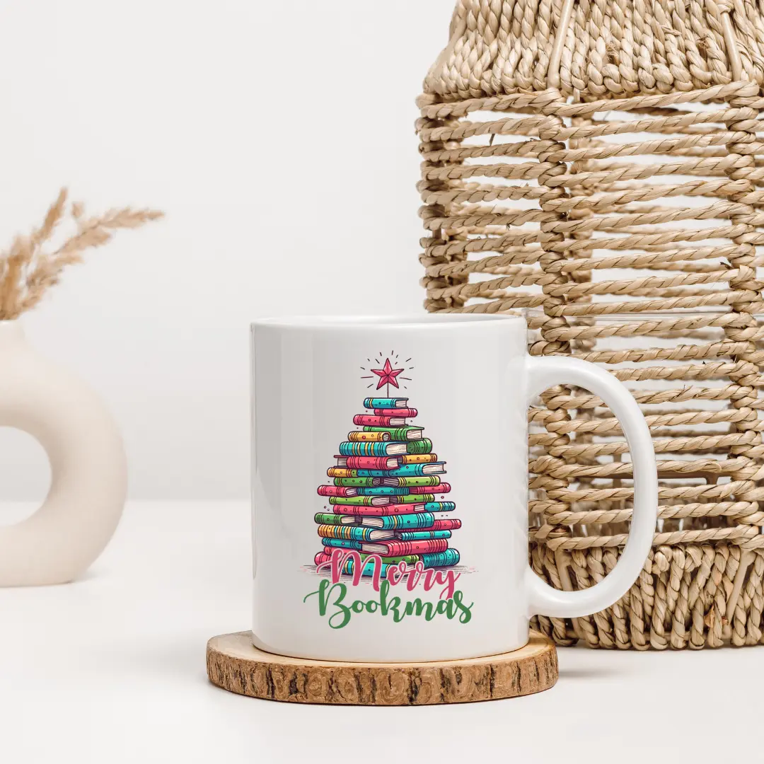 12 oz Reusable Ceramic Merry Bookmas Mug with Stacked Books Holiday Tree Design ceramic coffee ceramic mug reusable drinkware friend gift