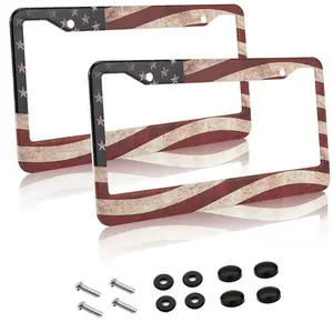 2 Pack American Flag License Plate Frames, Aluminum Car Plate Holders w/ Screw Caps, Vintage Patriotic Design