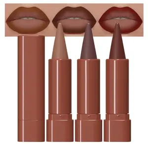 evpct 3Pcs Warm Brown Maroon Dark Wine Red Gradient Matte Lipstick Lip Liner Crayon Combo Pencil Set for Women Long Lasting, Cream Lip Liner and Lipstick Combo Makeup，Flawless Gradual Ombre Effect