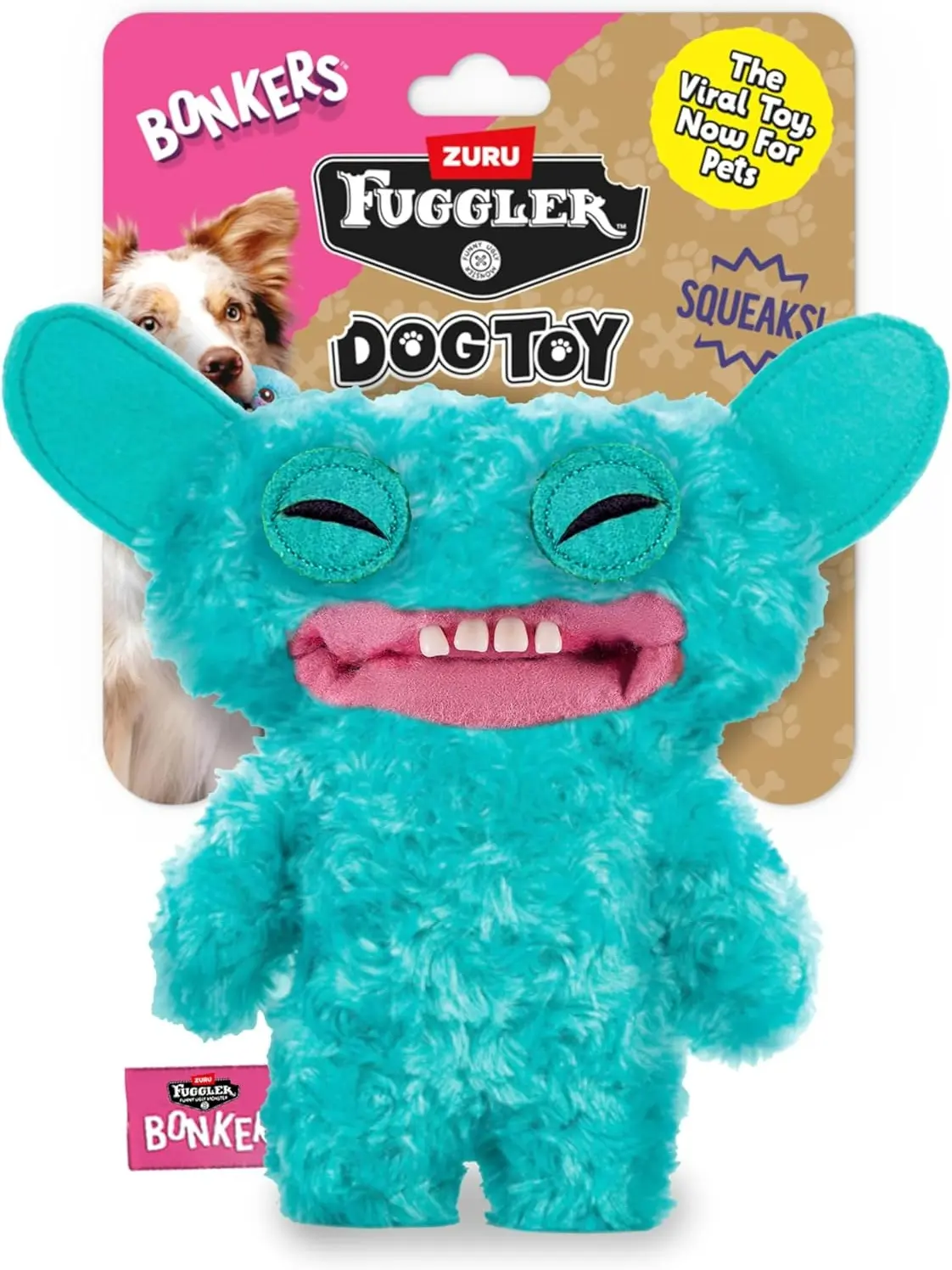 Bonkers Fuggler Grin Grin Squeaky & Plush Dog Toy for Playtime, Blue, 8 inches