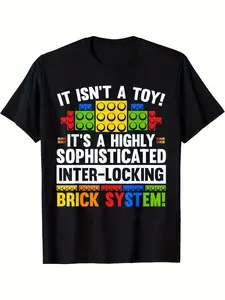 Master Builder Brick System T-Shirt - Soft Cotton Crew Neck Short Sleeve, Building Block Print with Interlocking Brick Design, Casual & -Themed Apparel Suitable for All Seasons, Machine Washable Smooth Textured Shirt