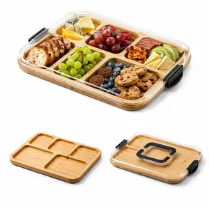 Bamboo Cutting Board & Charcuterie Board with Clear Lid, Reversible Wooden Chopping Board with Juice Groove & Handle, Portable Snack Tray with Compartments, Dust-Proof Cover for Kitchen, Picnic, Party, Cheese, Gifts