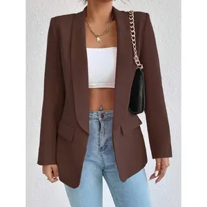 Women’s solid-color casual blazer jacket with shawl collar, long sleeves, fabric construction, brown color, button closure, suitable for spring and autumn