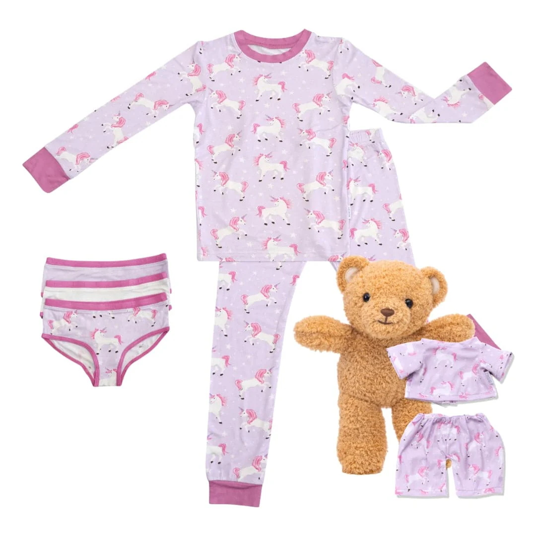 Zip N' Bear Bamboo Pajama Unicorn Bundle Buttery Soft 2 Piece PJs for Girls, 3 Underwear, Zippy the Bear - Kardashian Favorite