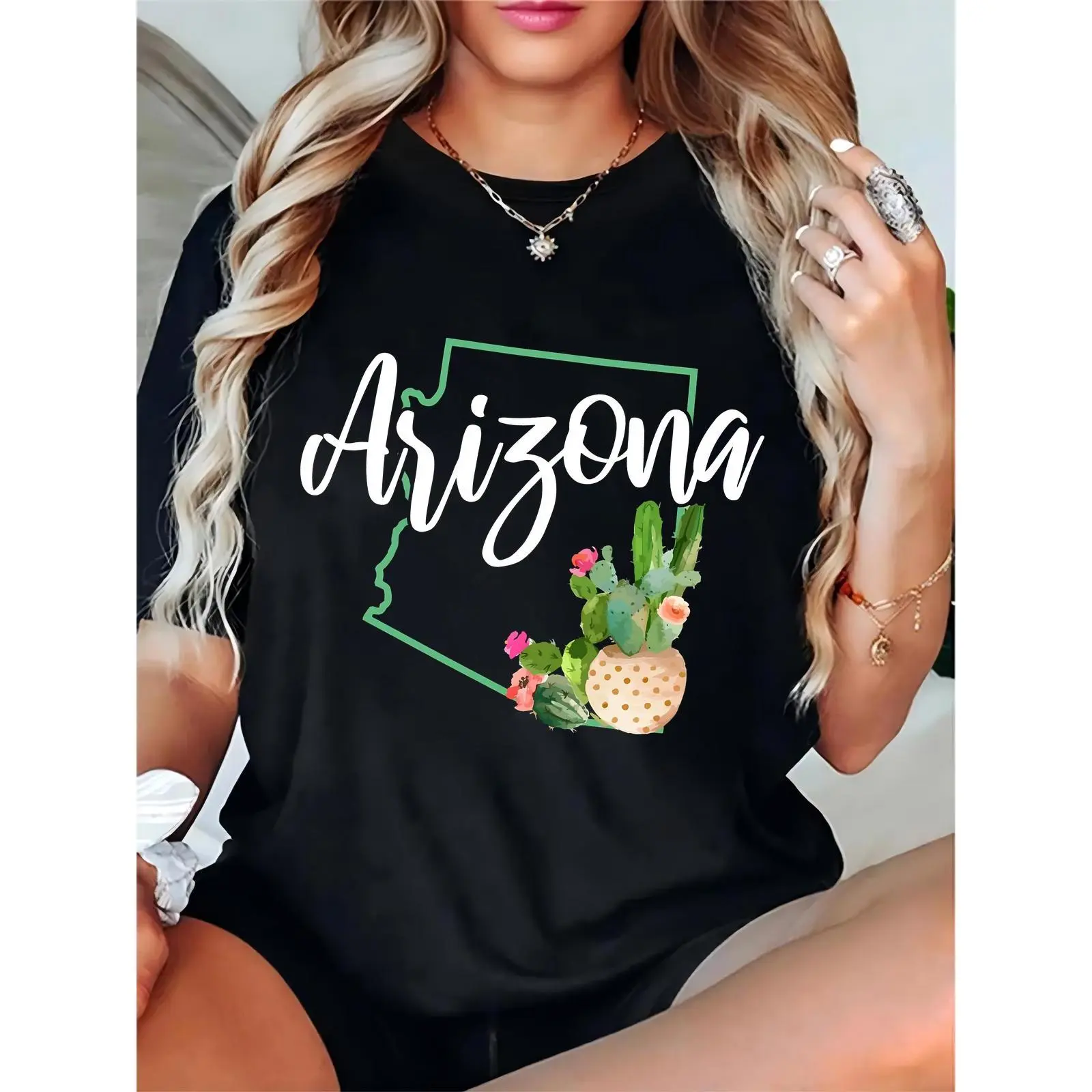 Women's Arizona Cactus Graphic T - Shirt, Arizona State Outline with Potted Cactus & Pink Flowers, Casual Short Sleeve Tee for Travel, Daily Wear, Cactus Lovers & Arizona Enthusiasts 100% Cotton T-shirt