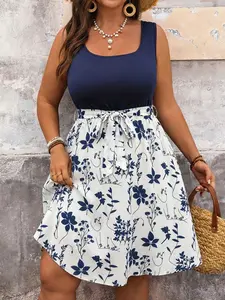 Plus Size Women's Casual Vacation Tie-Back Patchwork Dress, Summer Fashion, Country Style, Beach Dress, Comfortable and Stylish