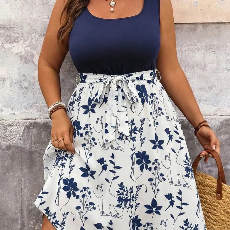 Plus Size Women's Casual Vacation Tie-Back Patchwork Dress Summer Fashion, Country Style, Boho, Beach Dress, Comfortable and Stylish