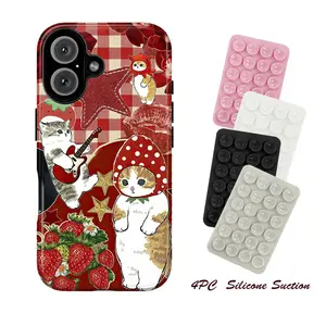 4PC Silicone Suction Phone Case Mount Strawberry Cat Design for iPhone Samsung Christmas Gift Slim Shock Resistant TPU Lining UV Printed Reinforced Polycarbonate Shell Double Layer Protection - Smartphone