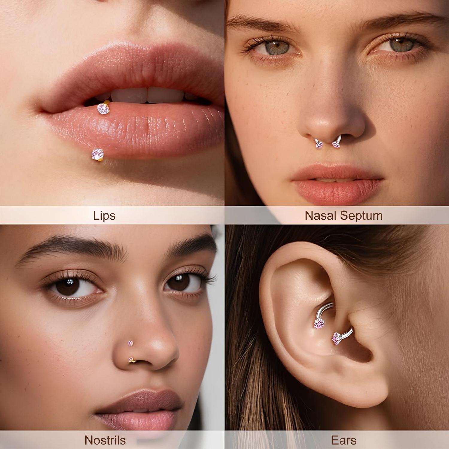 18G Titanium Steel Nose Rings Set – Internally Threaded Horseshoe Hoop with Gems, Surgical Grade, Includes Insertion Tool