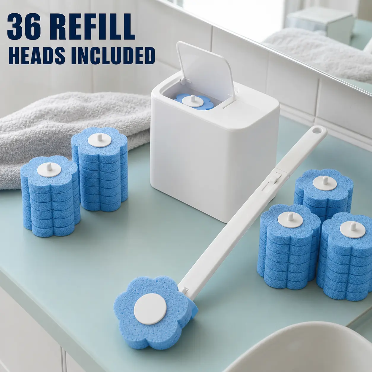 Disposable Long-Handled Toilet Brush & Plungers Kit with Pail, 36 Preloaded Cleaning Refill Heads, Storage Holder for Mess-Free, Residue-Free Bathroom Hygiene