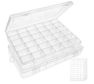 2pack 36 Grids Clear Plastic Organizer Box Container Craft Storage with Adjustable Dividers for Beads Organizer Art DIY Crafts Jewelry Fishing Tackles with 5 Sheets Label Stickers Compartment Rectangle Rock Shelf