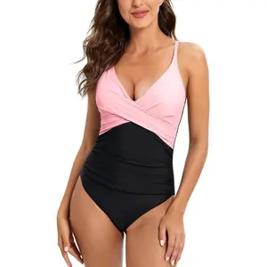 Women's One Piece Swimsuit-V Neck Swimwear Tummy Control Adjustable Straps High Waisted Back Slimming Bathing Suit