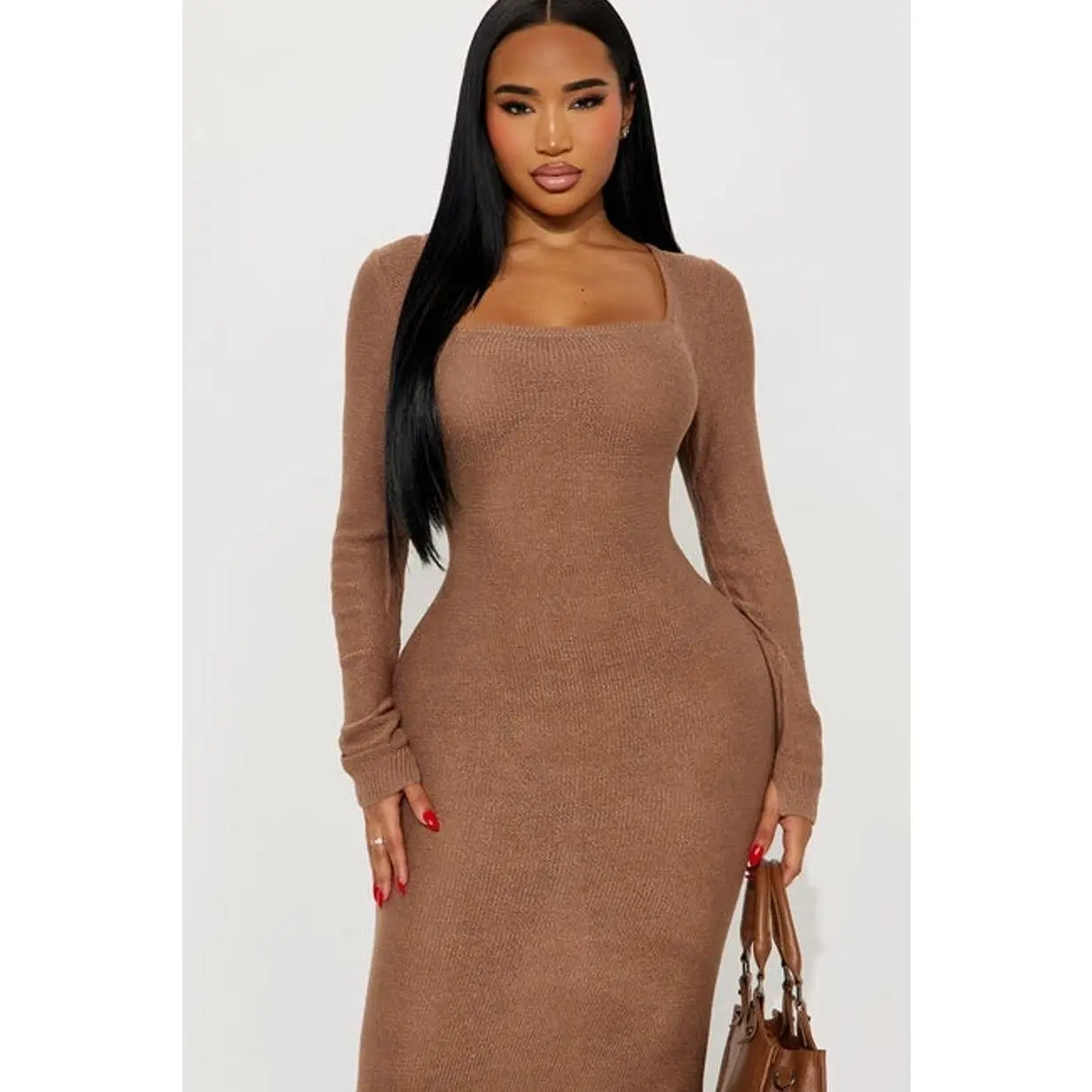 Delany Long Sleeve Knit Maxi Dress - Mocha 0 - TikTok Shop