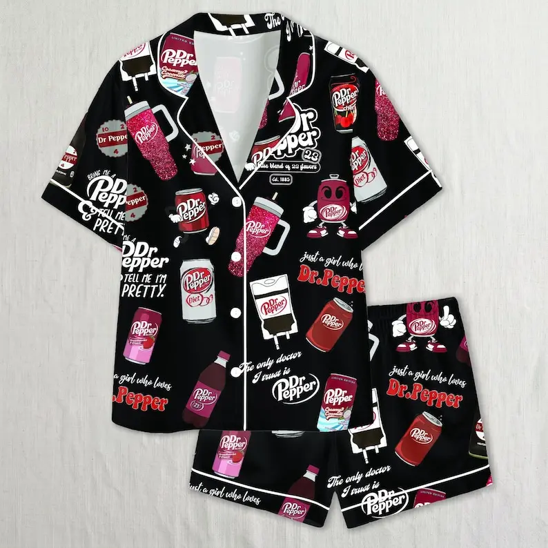 Women's Retro Soda Print Silk Pajama Set, Daily Drink Theme Sleepwear, Short Sleeve Loungewear