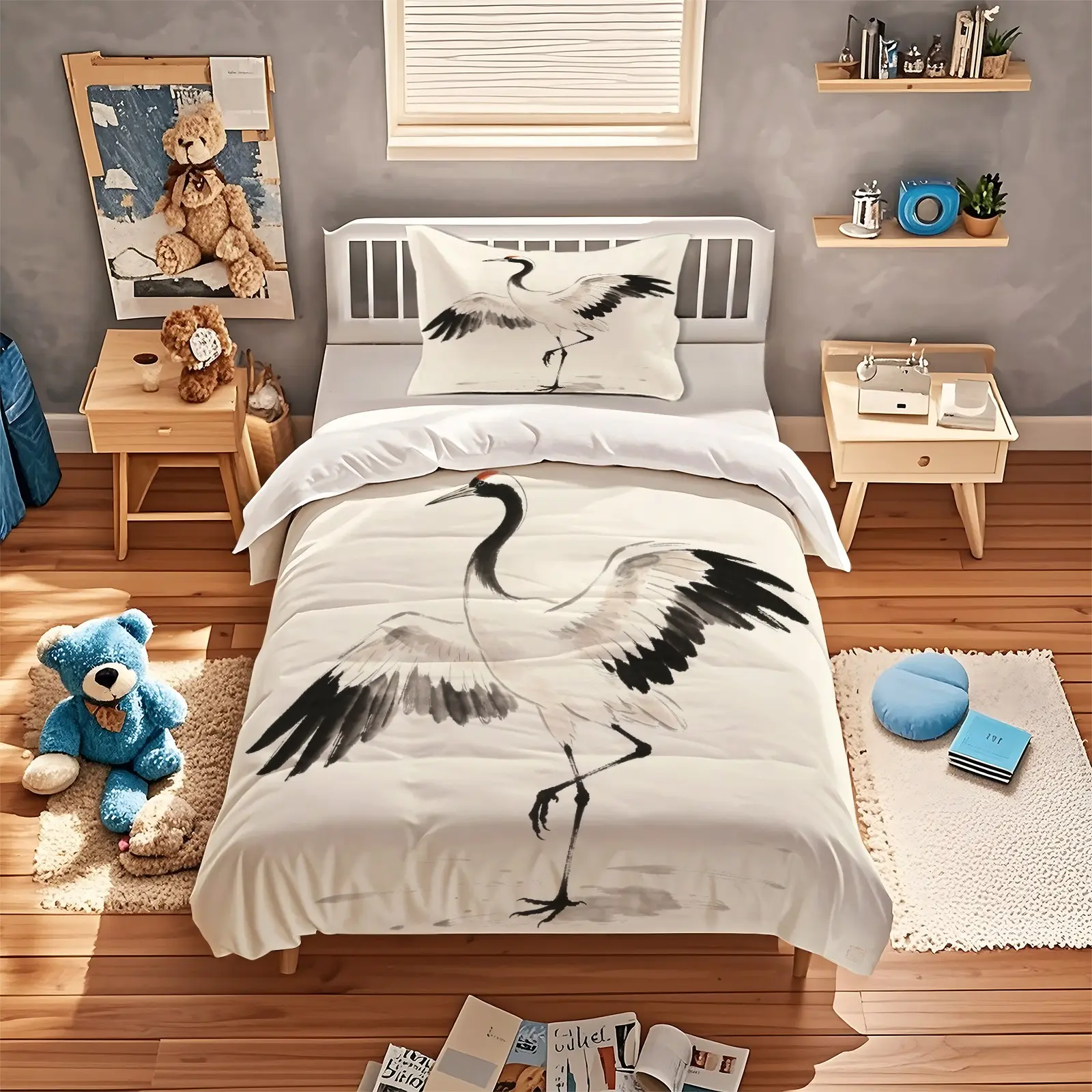 2/3Pcs White Crane Printed Duvet Cover Set, Classical Style Bedding Set, Soft and Breathable Fabric, Hidden Zipper Design, Wear-Resistant and Wrinkle-Resistant, Suitable for Chinese Style Bedroom Decoration, No Filling Included