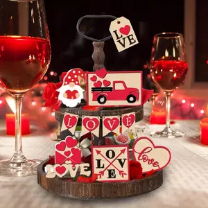 Wooden Love Themed Tiered Tray Decor, 12pcs/set Romantic Heart & Truck & Wine Glass & Candle Ornament, Home Decor for Living Room Bedroom Dining Room