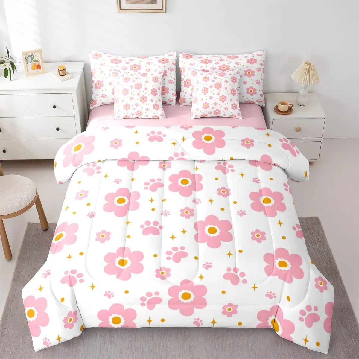 Pink Flower 7 Piece Bedding Set Cute Dog Paw Print Comforter Set with Sheets for Kids Boys Girls Star Print Bed in a Bag Kawaii Bed Set Soft Lightweight