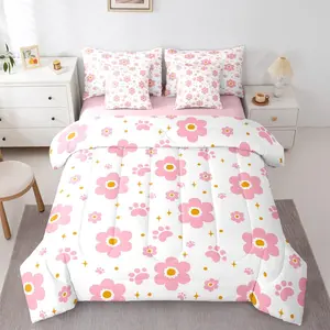 Pink Flower 7 Piece Bedding Set Cute Dog Paw Print Comforter Set with Sheets for Kids Boys Girls Star Print Bed in a Bag Kawaii Bed Set Soft Lightweight