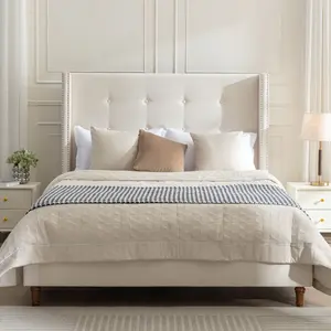 Upholstered Queen Bed / 54" High Headboard / Traditional Hand Buttoned Tuftin /Nailhead Trim Wingback/No Box Spring Needed/Easy Assembly/Ivory Velvet/Bed Frame