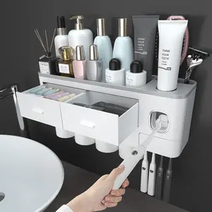 2-4 Cup Capacity Bathroom Toothbrush Holder - Wall-Mounted with Toothpaste Dispenser - Cosmetic Drawers, Large Capacity Trays & Bathroom Accessory Bottle Home Storage Organizer, Essential Home Must-Have, Ideal Gift Choice