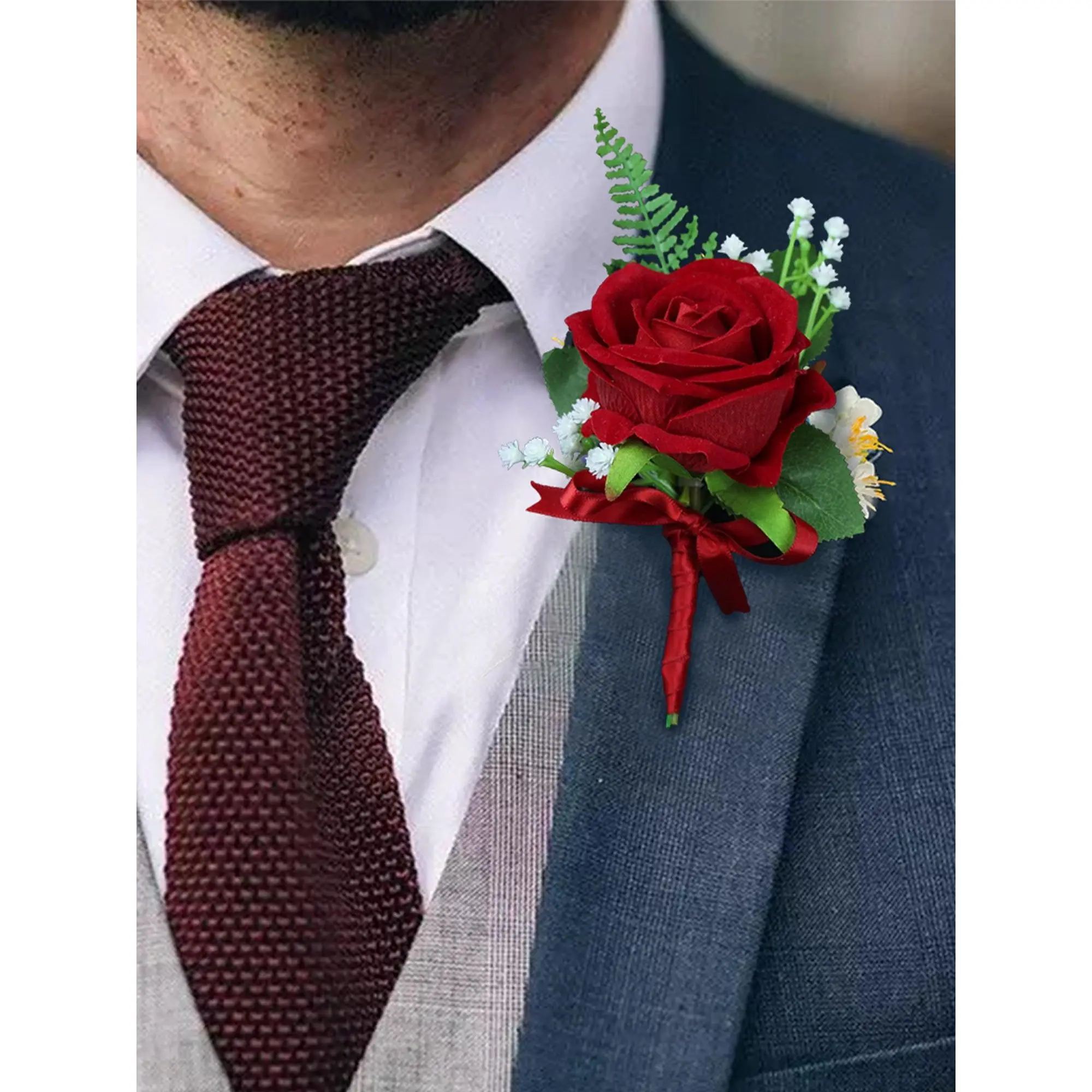 Rinlong 6Pcs Red Rose Boutonniere Flower Accessories, Floral Brooch for Wedding, Festive Party Home Supplies Collection