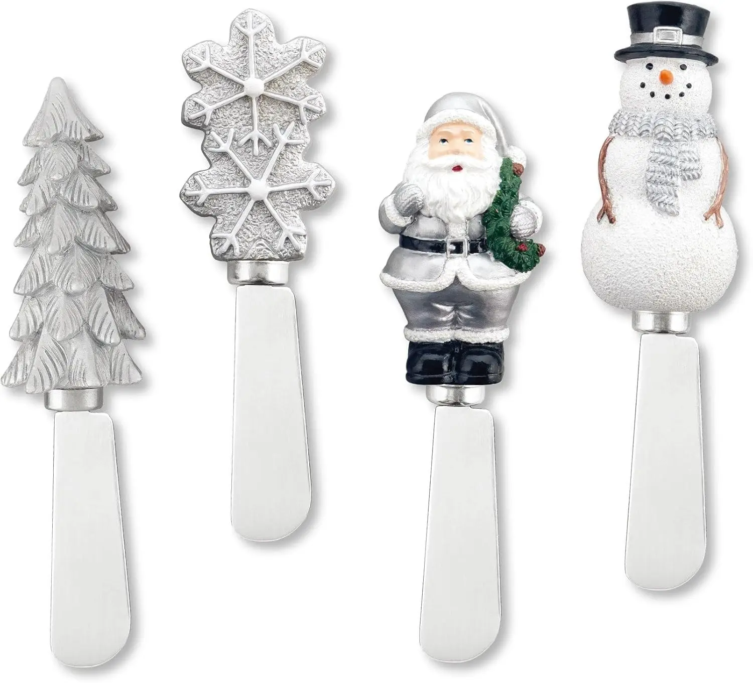 Chill Out Cheese Spreaders, Hand-Painted Resin Handles with Stainless Steel Blades for Spreading Cream Cheese, Butter, and Jam, Assorted Christmas Designs, Set of 4