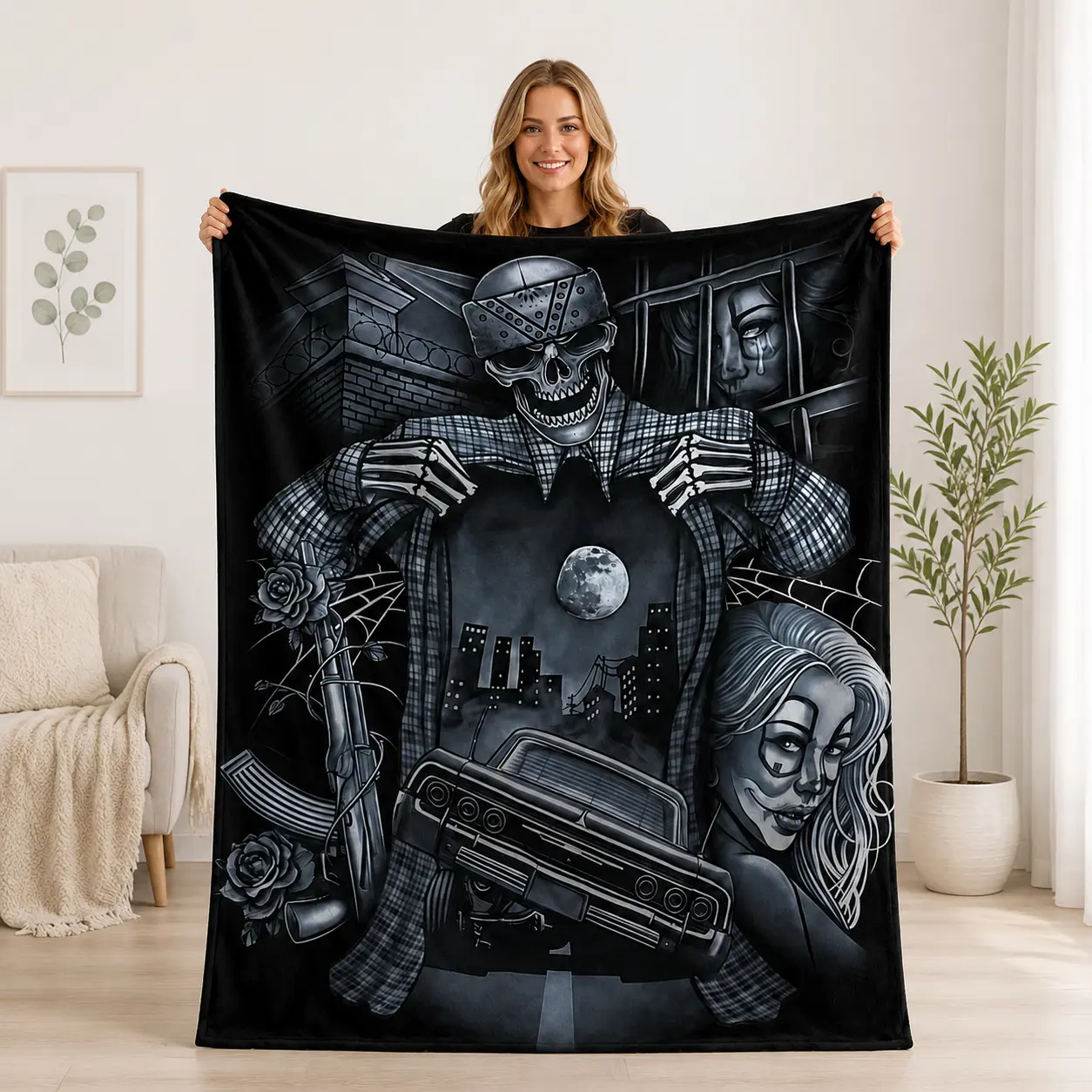 Dark Gothic Skeleton Crime Scene Throw Blanket | Skull Car Night City Aesthetic Horror Meme Blanket | Creepy Urban Street Horror Couch Bed Plush Blanket Viral TikTok Decor