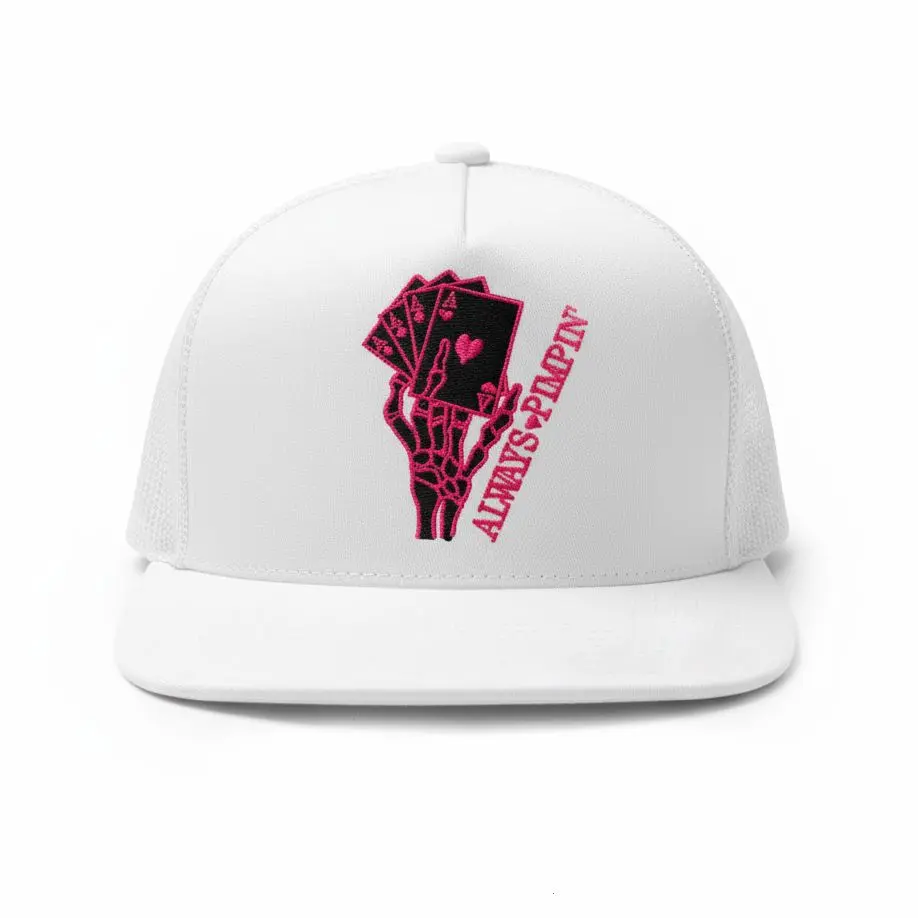 Always Pimpin Embroidered Hat White Mesh Trucker Cap Skeleton Hand 7 Panel Flat Bill Snapback Hat Vintage Playing Cards Ace Baseball Cap For Men Women Casual Streetwear Humor Gift