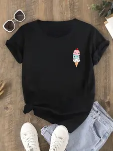 Wo Comfy Cartoon Ice Cream Graphic Tee Soft Casual Round Neck Machine Washable Perfect for Summer
