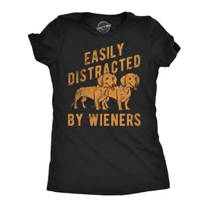 Womens Funny T Shirts Easily Distracted By Wieners Sarcastic Puppy Graphic Novelty Tee for Ladies Funny Womens T Shirts Cute Vintage Fashion Casual Ladies T-Shirt Gift Sarcastic Tops for Women Funny Dog Top Black -