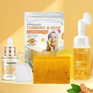 Turmeric Soap and Oil Set, Turmeric Wash 4-Piece Set, Turmeric Soap and Essential Oil Set, Turmeric Cleanser, Turmeric Lemon and Tricarbonate Soap Bar for Face and Body Cleansing Pads