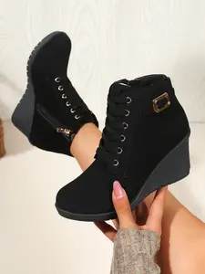 Women's High Heel Lace Up Boots, PU Leather Round Toe Casual Ankle Booties, Fall & Winter Fashion Shoes, Medium Width