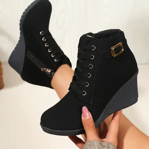 Women's High-Heel Lace-Up Ankle Boots, PU Leather Round-Toe Casual Booties, Medium Width, for Fall & Winter, Boot Heels