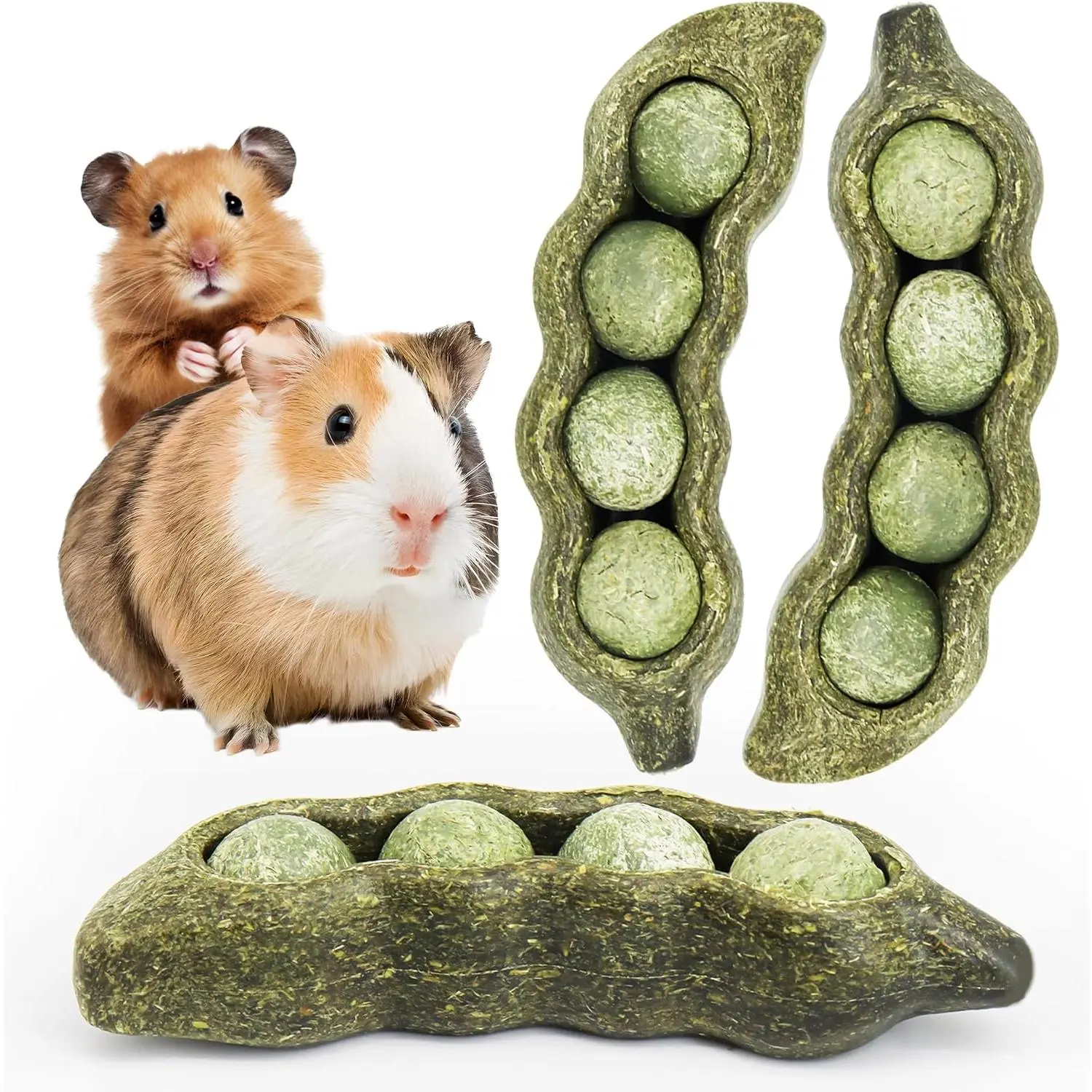 3PCS Guinea Pig Chew Toys, Prevent Teeth Overgrowth, Natural Vegetables and Timothy Grass, Hamster Chew Toys, Guinea Pig Toys, Chinchilla Toys, Peapod-Shaped