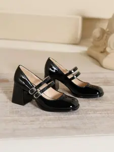 Women's Leather Mary Jane Shoes, Square Toe Height Increasing Thick Sole Rubber, French Vintage Style, Buckle Chunky Heel High Heels