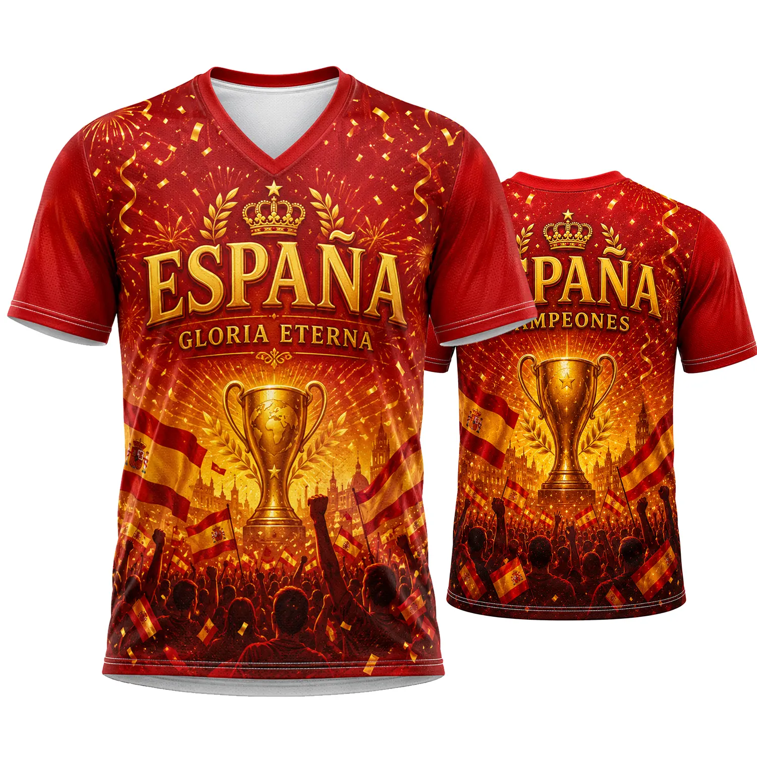 Men's & Women's Spain Color-Inspired Sporty Chic V-Neck Short Sleeve Athletic Shirt - Red Gold Celebration Cup, Crowd & Flag Graphic, Casual Sports Top, S-5XL
