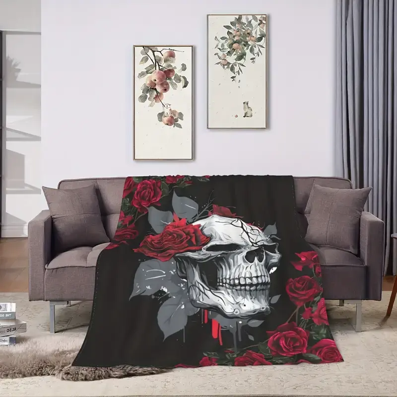 Valentine's Day Gift: Soft, Cozy Skeleton Red Rose Flannel Throw Blanket - Bed Warmer, Body-Warming, Bed Warmer Blankets, Body-Warming Blankets